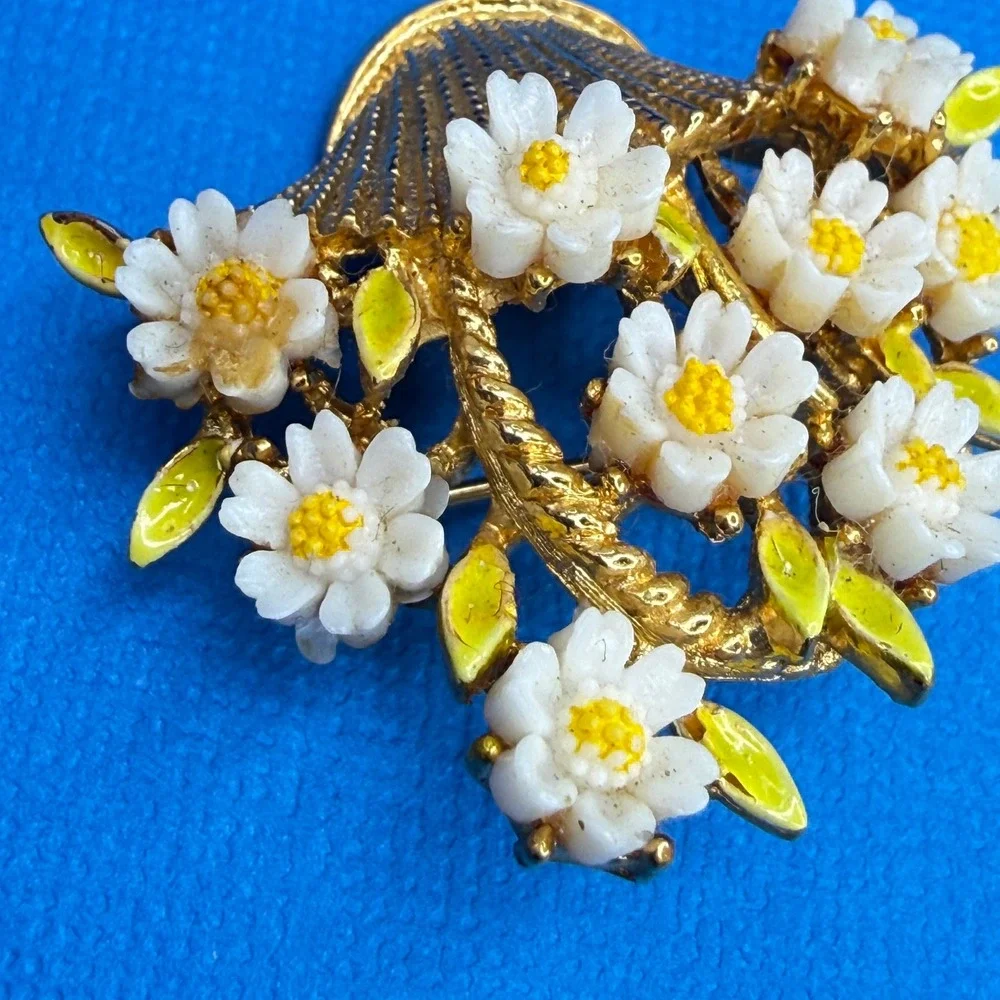 Arthur Pepper Flower Basket‎ Brooch Enamel Gold Tone Floral Mid Mod MCM